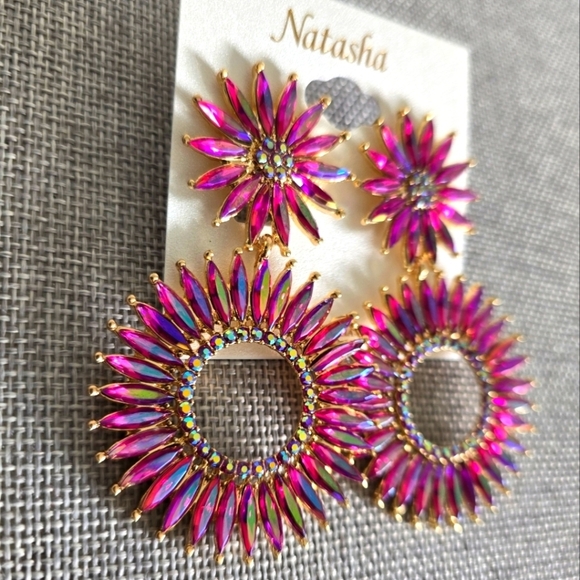 Natasha Pink Gold Rhinestone Iridescent Round Drop Dangle Earrings - Picture 3 of 3